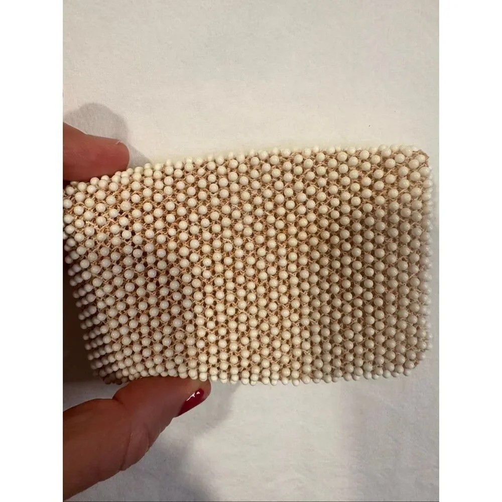 Vintage Lumured Petite Beaded White Cosmetic/Change Purse with Box Closure